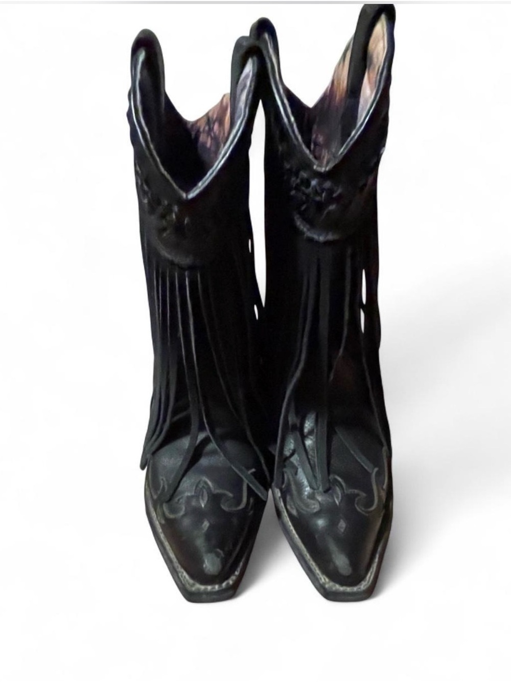 Cowgirl Boots - Black Leather Fringe Western Boots Size 6.5M (Dingo Heart Throb)